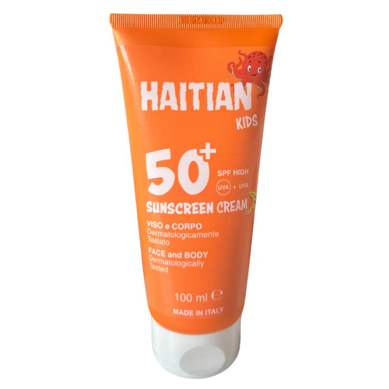 flacone di Haitian Kids Crema Solare Viso e Corpo SPF50+ Flacone 100ml flacone di Haitian Kids Crema Solare Viso e Corpo SPF50+ Flacone 100ml