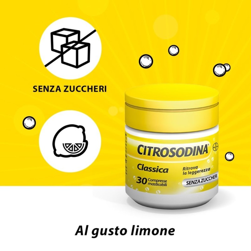 Confezione commerciale diCitrosodina Masticabile Digestivo contro Pesantezza di Stomaco 30 Compresse Confezione commerciale diCitrosodina Masticabile Digestivo contro Pesantezza di Stomaco 30 Compresse