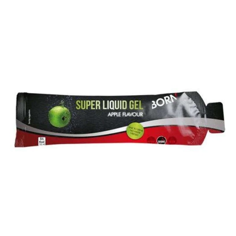 Dettaglio del packaging di Born Italia Super Liquid Gel Apple gel energetico per sportivi bustina 55ml Dettaglio del packaging di Born Italia Super Liquid Gel Apple gel energetico per sportivi bustina 55ml