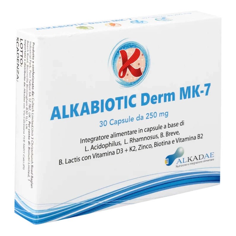 Packaging del prodotto Alkadae Alkabiotic Derm Mk-7 integratore pelle e intestino 30 capsule