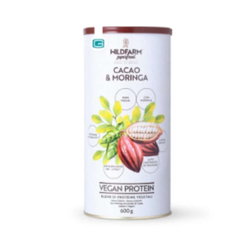 Confezione sigillata di Wildfarm Vegan Protein Cacao & Moringa proteine vegetali in polvere per energia e metabolismo 600 g Confezione sigillata di Wildfarm Vegan Protein Cacao & Moringa proteine vegetali in polvere per energia e metabolismo 600 g
