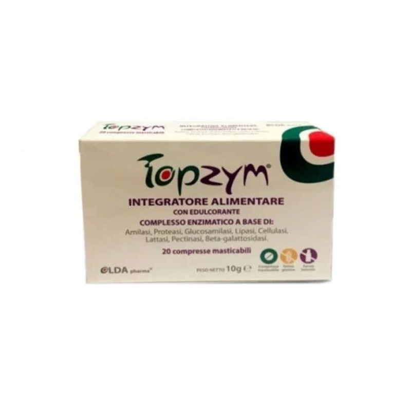 Scatola originale del prodotto Topzym Integratore per la Difficile Digestione 30 Compresse per Digestione e Gonfiore