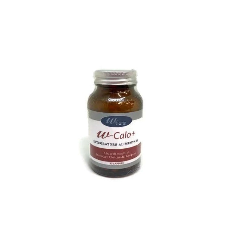 Dettaglio del packaging di Wellbeing W Calo+ integratore per controllo del peso e metabolismo 60 capsule