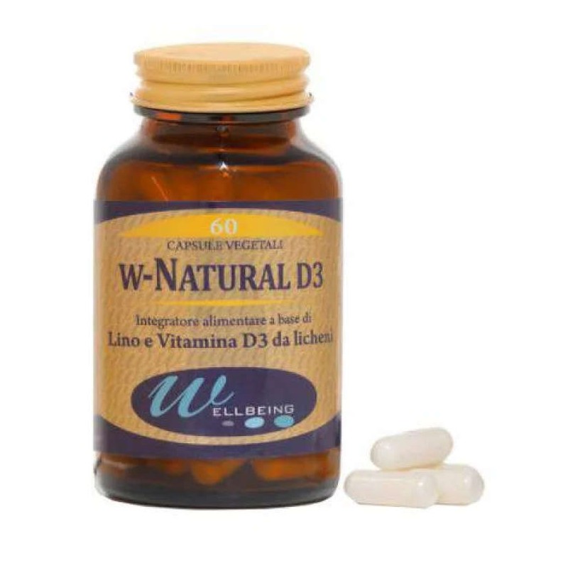 Primo piano di Wellbeing W Natural D3 Integratore per Ossa, Denti e Immunità 60 Capsule