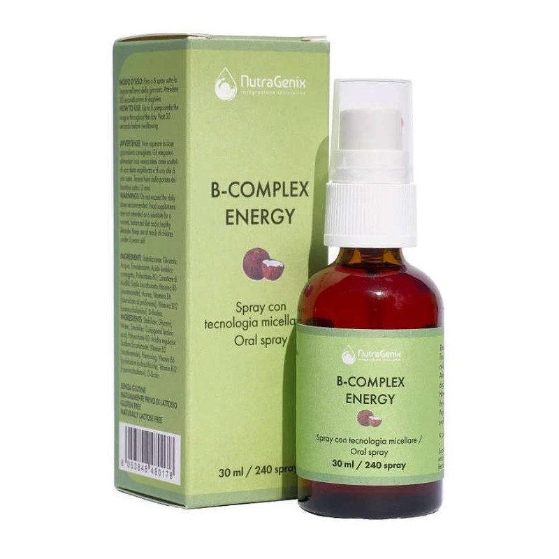 Foto ravvicinata di Nutragenix B Complex Energy integratore per energia e supporto psicologico spray 30ml