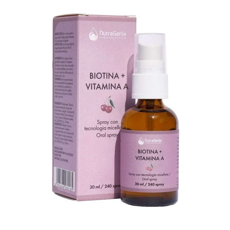 Dettaglio del packaging di Nutragenix Biotina e Vitamina integratore per capelli, unghie e pelle spray 30ml