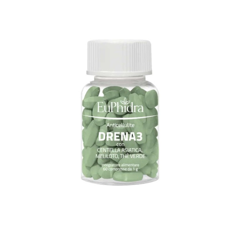 Primo piano di Euphidra Drena 3 Integratore Anticellulite per Drenaggio e Microcircolo 60 Compresse Primo piano di Euphidra Drena 3 Integratore Anticellulite per Drenaggio e Microcircolo 60 Compresse