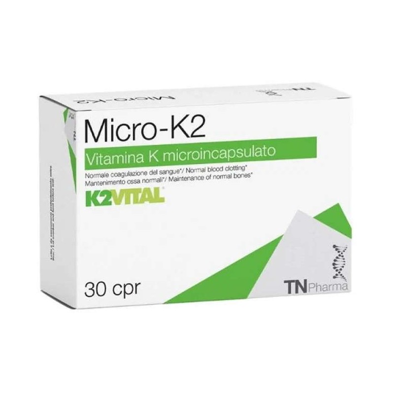 Confezione commerciale diTsunami Micro K2 integratore di vitamina K2 per ossa e coagulazione 30 compresse Confezione commerciale diTsunami Micro K2 integratore di vitamina K2 per ossa e coagulazione 30 compresse