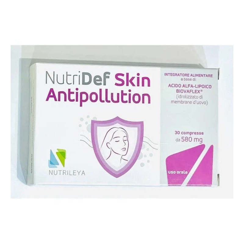 Dettaglio del packaging di Nutrileya Nutridef Skin Antipollution integratore per protezione pelle da inquinamento 30 compresse Dettaglio del packaging di Nutrileya Nutridef Skin Antipollution integratore per protezione pelle da inquinamento 30 compresse