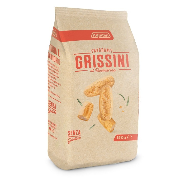 Presentazione grafica di Agluten Grissini al Rosmarino snack senza glutine croccante 150 g