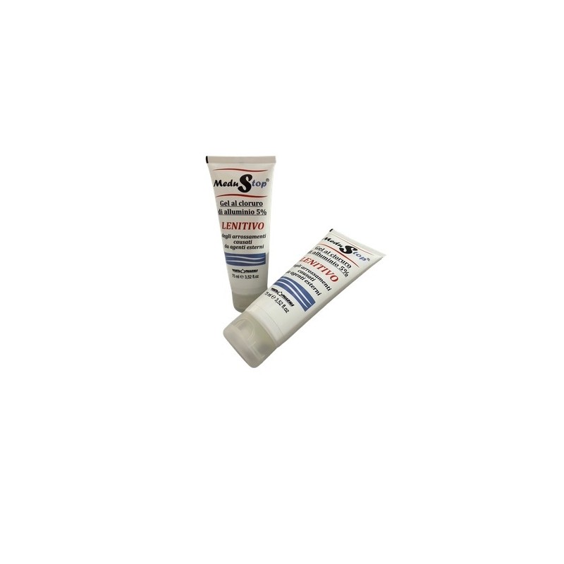 Foto illustrativa del packaging di Medustop Gel lenitivo cloruro di alluminio per arrossamenti e prurito 2x75 ml
