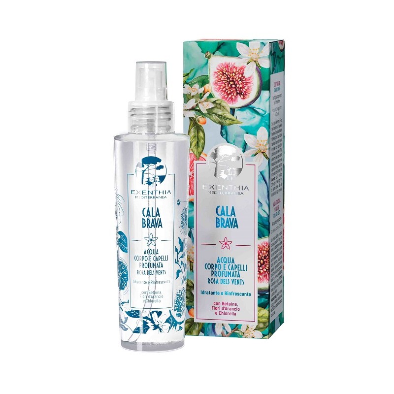 Dettaglio del packaging di Exenthia Mediterranea Cala Brava Acqua Profumata Corpo & Capelli idratante e rinfrescante 150 ml Dettaglio del packaging di Exenthia Mediterranea Cala Brava Acqua Profumata Corpo & Capelli idratante e rinfrescante 150 ml