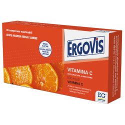 confezione di Ergovis Vitamina C Integratore Ricostituente 30 Compresse Arancia e Limone