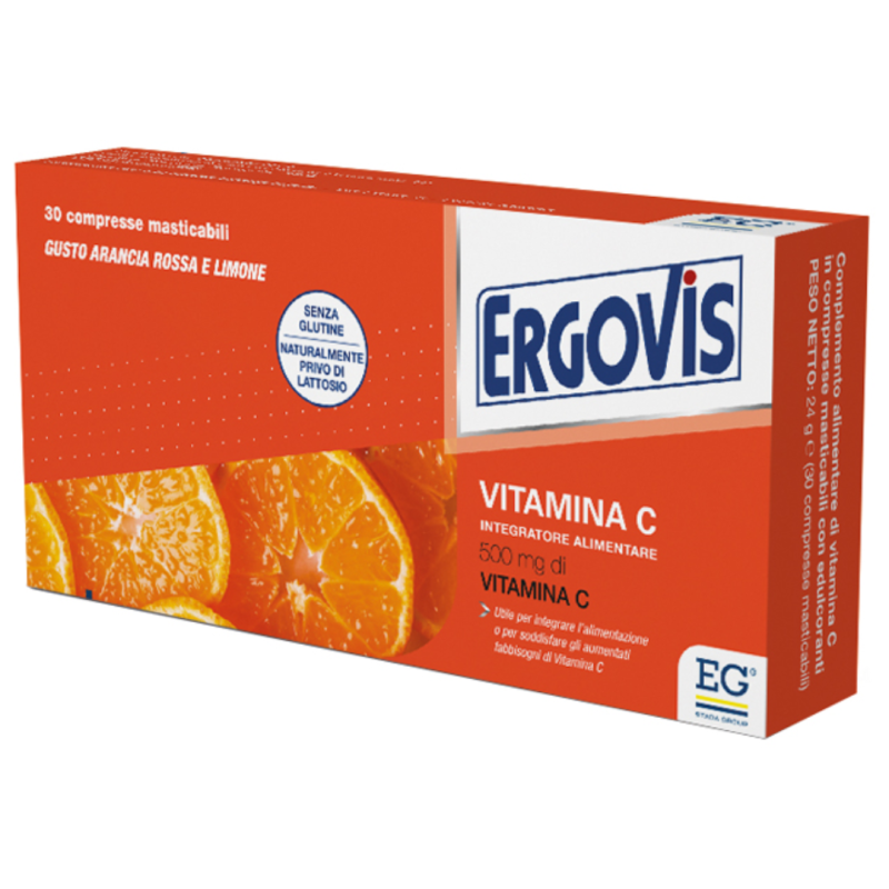 confezione di Ergovis Vitamina C Integratore Ricostituente 30 Compresse Arancia e Limone confezione di Ergovis Vitamina C Integratore Ricostituente 30 Compresse Arancia e Limone