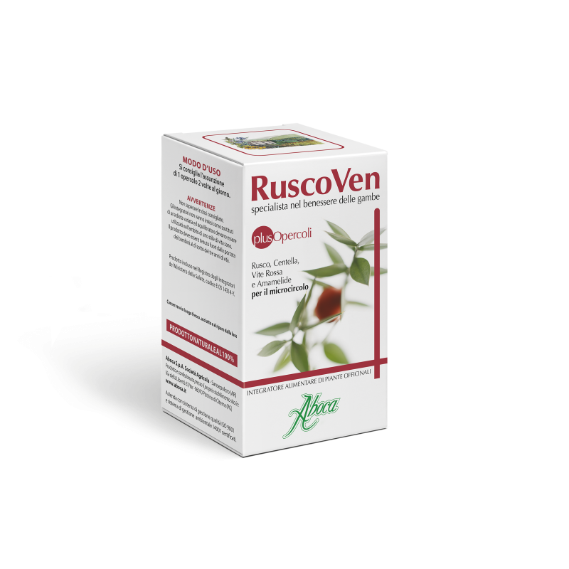 Confezione originale di Aboca Ruscoven Plus Integratore per Microcircolo 50 Capsule da 500mg