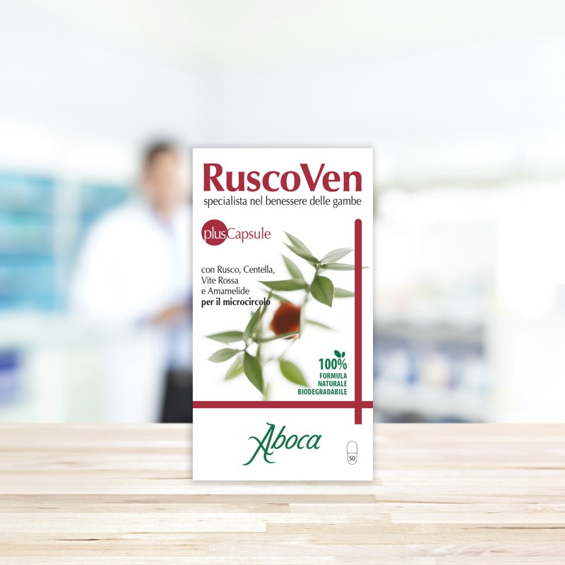 Scatola integra del prodotto Aboca Ruscoven Plus Integratore per Microcircolo 50 Capsule da 500mg