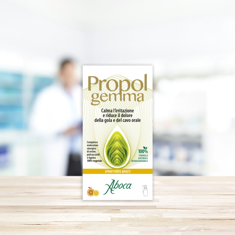 Foto illustrativa del packaging di Aboca PropolGemma Spray Forte per Mal di Gola 30ml