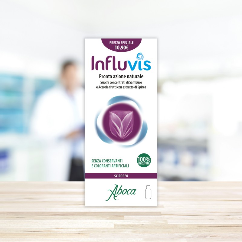 Dettaglio del packaging di Aboca Influvis Sciroppo per Raffreddore e Sistema Immunitario 100ml