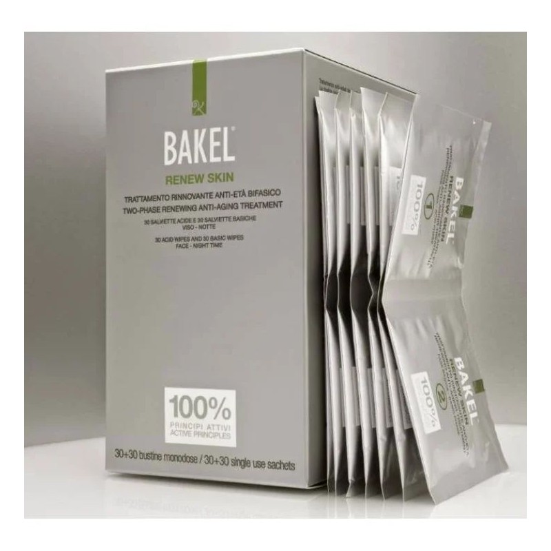Immagine della scatola di Bakel Renew Skin Trattamento Anti Età rinnovante per pelle luminosa e compatta 30+30 salviette