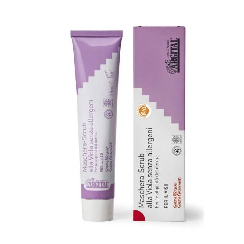 Scatola originale del prodotto Argital Maschera Scrub alla viola senza allergeni purificante per pelli sensibili 75ml Scatola originale del prodotto Argital Maschera Scrub alla viola senza allergeni purificante per pelli sensibili 75ml