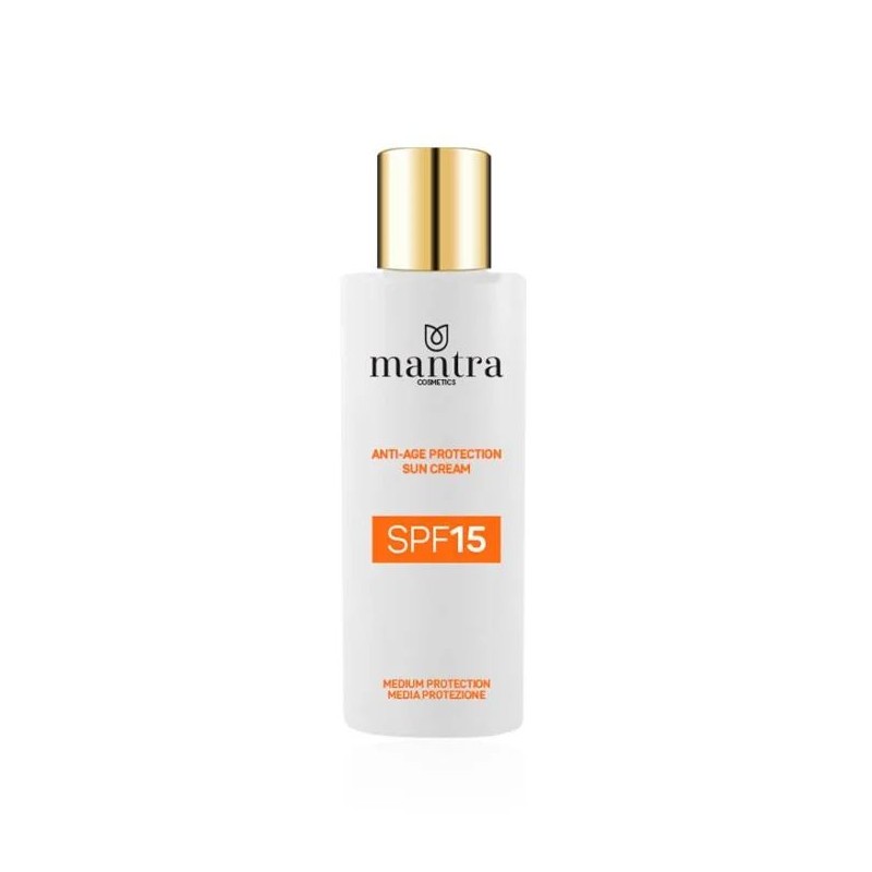 Dettaglio del packaging di Mantra Cosmetics Crema Anti-age SPF 15 protezione solare e anti-età 100ml