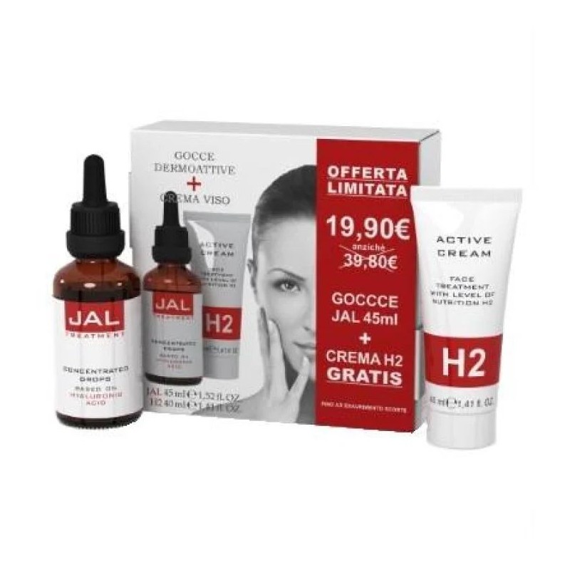Presentazione grafica di Vital Plus Jal Gocce Dermoattive kit antirughe idratante con crema H2 45ml + 40ml Presentazione grafica di Vital Plus Jal Gocce Dermoattive kit antirughe idratante con crema H2 45ml + 40ml