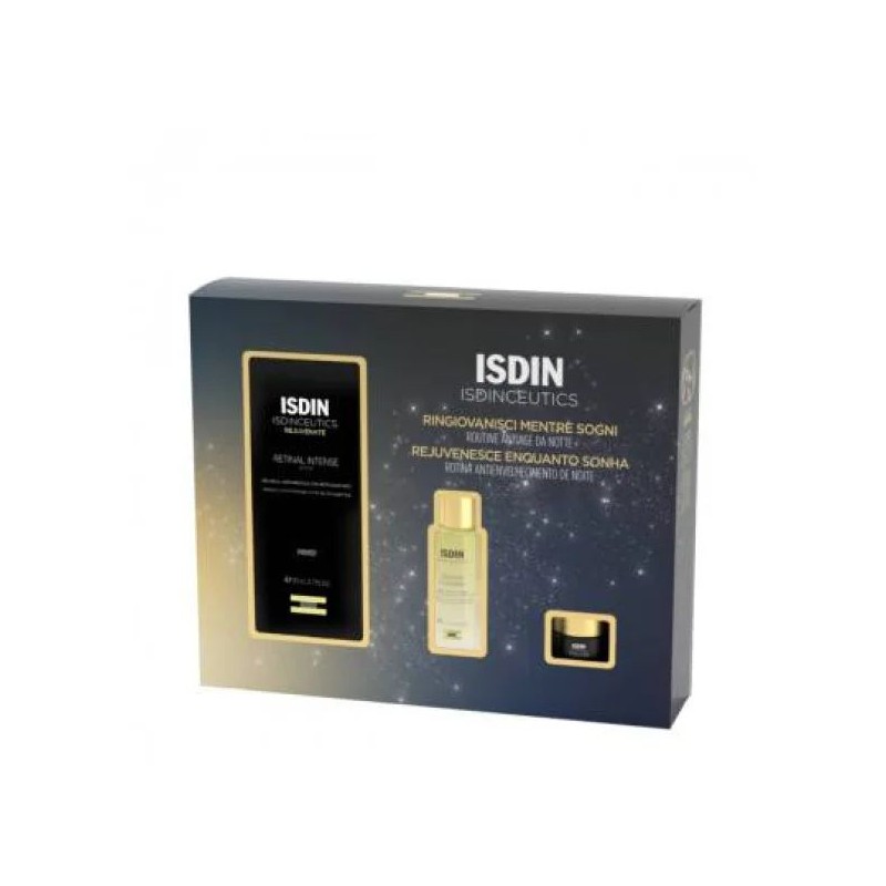 Presentazione grafica di Isdin Isdinceutics Routine Notte Anti-Rughe Cofanetto Natale 2023 Siero 50ml, Detergente 27ml, Contorno