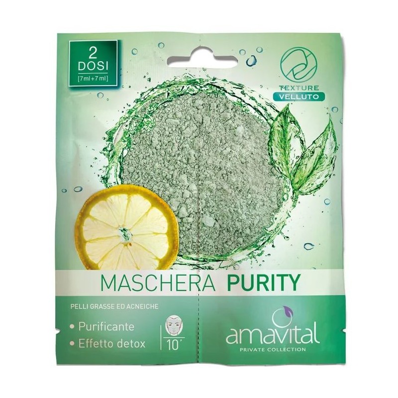 Pack ufficiale del prodotto Amavital Purity Maschera purificante viso per pelle grassa e acneica 2x7ml Pack ufficiale del prodotto Amavital Purity Maschera purificante viso per pelle grassa e acneica 2x7ml