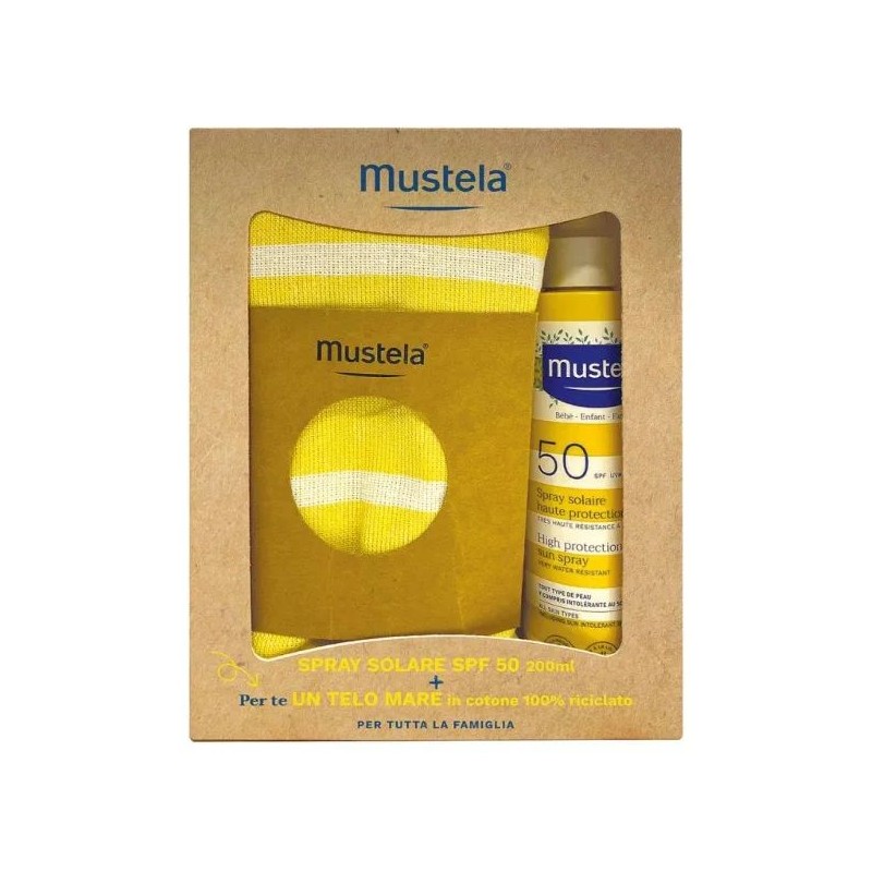 Vista del prodotto: Mustela Spray Latte Solare SPF 50 per Protezione Solare Bambini e Adulti 200ml + Telo Mare Vista del prodotto: Mustela Spray Latte Solare SPF 50 per Protezione Solare Bambini e Adulti 200ml + Telo Mare