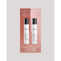 Foto della confezione di Mycli Cromaclair Combo depigmentante e protettore solare per macchie cutanee 2x50ml Foto della confezione di Mycli Cromaclair Combo depigmentante e protettore solare per macchie cutanee 2x50ml