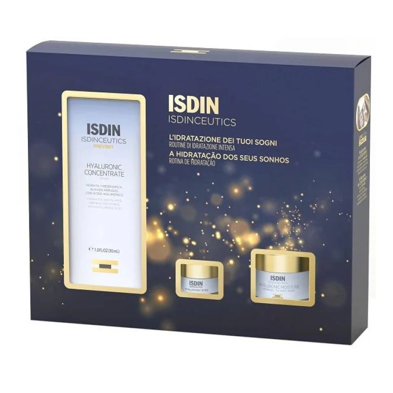 Confezione commerciale diIsdin Isdinceutics Pack Routine Idratante Hyaluronic Concentrato per Idratazione Viso e Contorno Occhi 