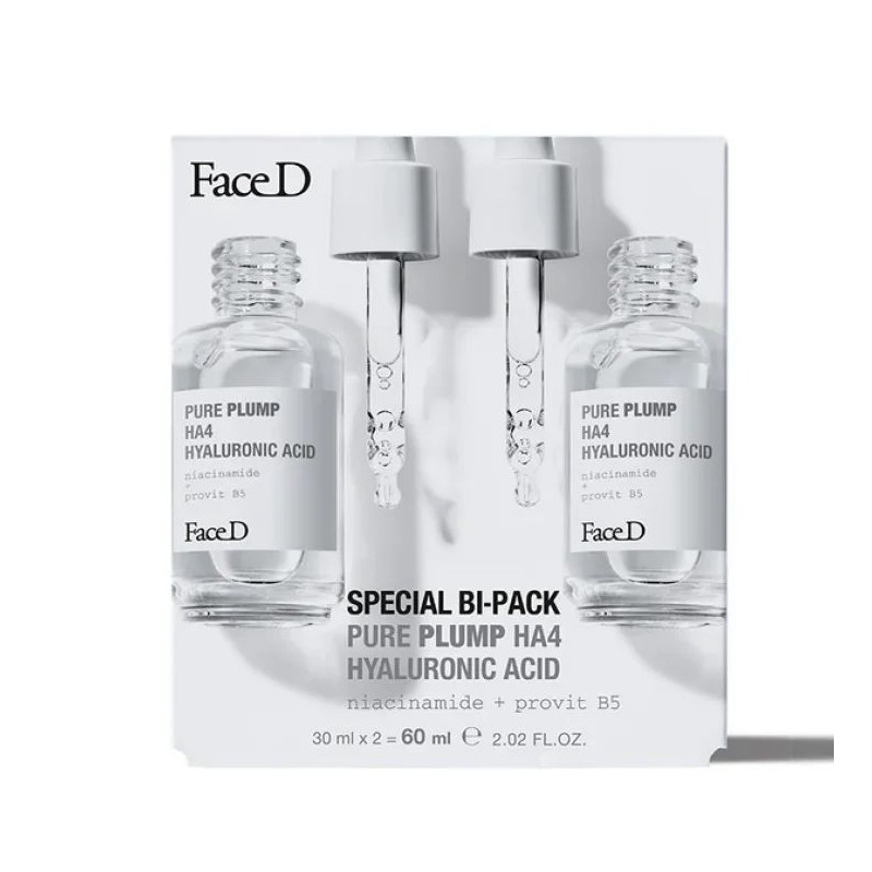 Presentazione grafica di Face D Pure Plump HA4 Booster idratante e rimpolpante viso collo 2x30ml Presentazione grafica di Face D Pure Plump HA4 Booster idratante e rimpolpante viso collo 2x30ml
