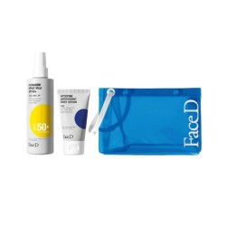 Primo piano di Face D Sun Care Travel Kit protezione solare e doposole per pelle idratata 100+75ml Primo piano di Face D Sun Care Travel Kit protezione solare e doposole per pelle idratata 100+75ml