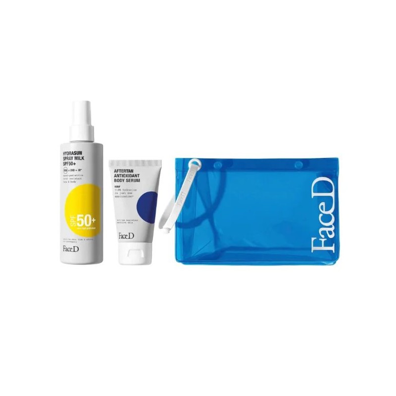 Primo piano di Face D Sun Care Travel Kit protezione solare e doposole per pelle idratata 100+75ml Primo piano di Face D Sun Care Travel Kit protezione solare e doposole per pelle idratata 100+75ml