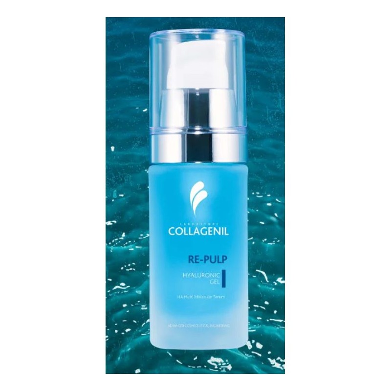 Dettaglio del packaging di Collagenil Re Pulp Hyaluronic Gel Siero Booster Viso effetto rimpolpante e idratante 15ml Dettaglio del packaging di Collagenil Re Pulp Hyaluronic Gel Siero Booster Viso effetto rimpolpante e idratante 15ml