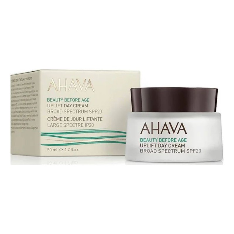 Presentazione grafica di Ahava Uplift Day Cream SPF20 crema liftante viso e collo protezione solare 50ml