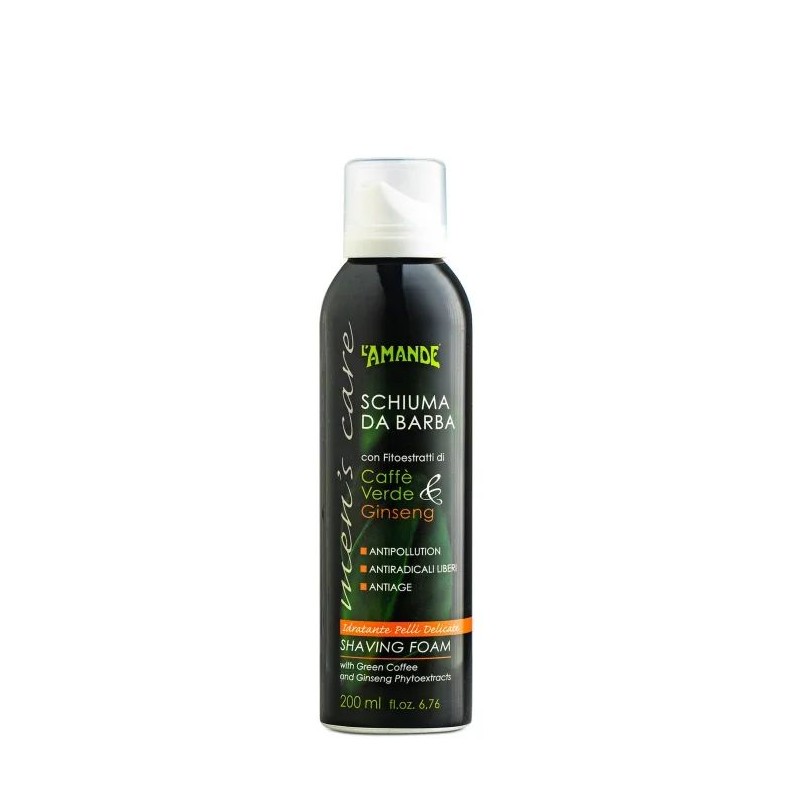 Dettaglio del packaging di L'Amande Man's Care Schiuma da barba idratante per pelli delicate 200ml Dettaglio del packaging di L'Amande Man's Care Schiuma da barba idratante per pelli delicate 200ml