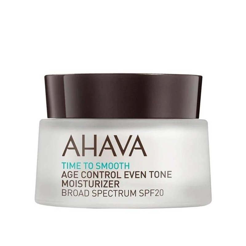 Presentazione grafica di Ahava Age Control Even Tone Moisturizer SPF20 crema viso anti-macchie e protettiva 50ml