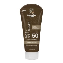 Confezione sigillata di Australian Gold Face+ Self Tanner Lotion Spf50 autoabbronzante viso con protezione solare 88ml