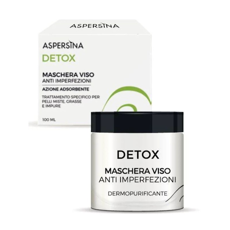Presentazione grafica di Aspersina Detox Maschera Viso purificante per pelle grassa 100ml Presentazione grafica di Aspersina Detox Maschera Viso purificante per pelle grassa 100ml