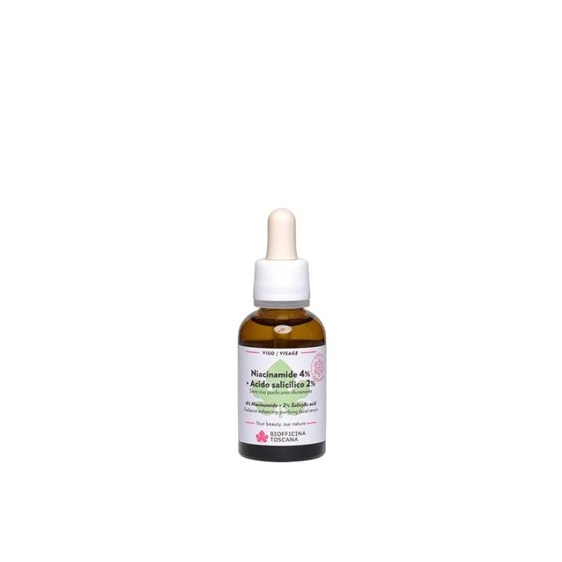 Foto della confezione di Biofficina Toscana Niacinamide 4% + Acido Salicilico 2% Siero Viso Purificante Illuminante 30ml Foto della confezione di Biofficina Toscana Niacinamide 4% + Acido Salicilico 2% Siero Viso Purificante Illuminante 30ml