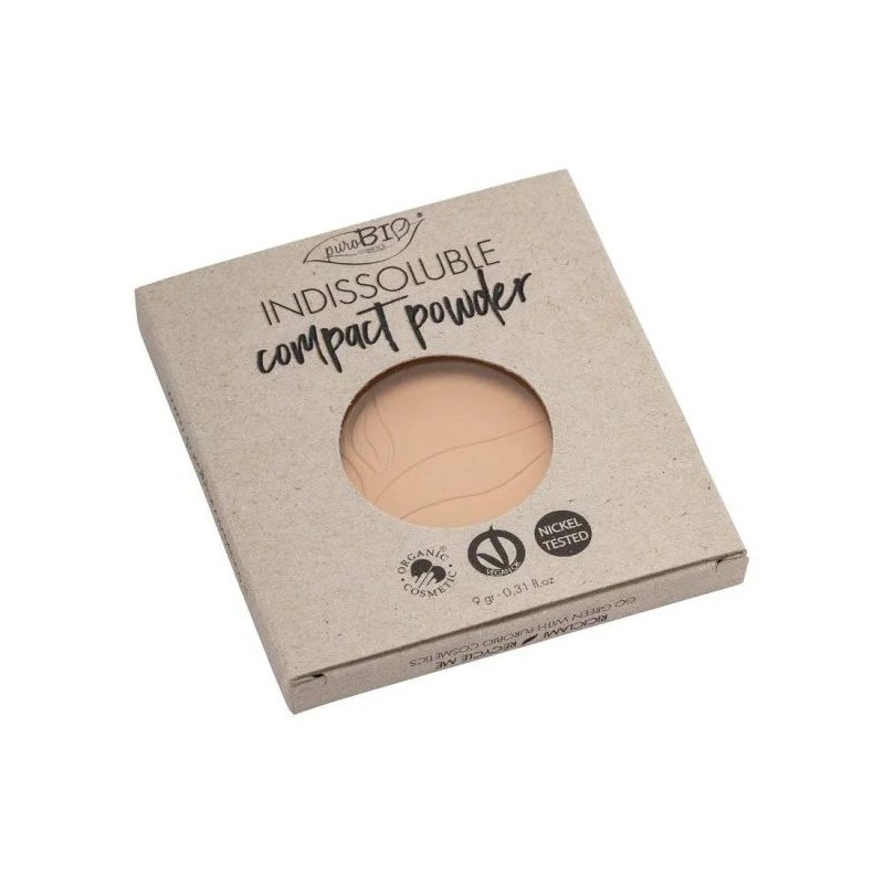 Dettaglio del packaging di Purobio Cipria Indissoluble Compatta opacizzante per incarnato uniforme 9g Dettaglio del packaging di Purobio Cipria Indissoluble Compatta opacizzante per incarnato uniforme 9g