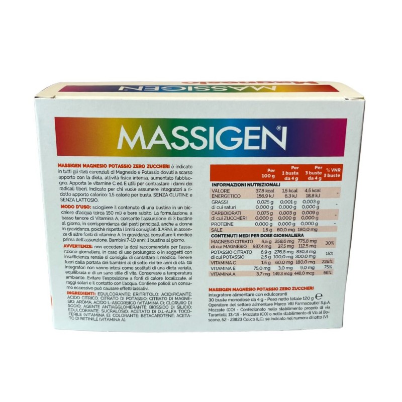 Massigen Magnesio Potassio Zero Zuccheri per Stanchezza Gusto Arancia Rossa 30 Bustine Massigen Magnesio Potassio Zero Zuccheri per Stanchezza Gusto Arancia Rossa 30 Bustine