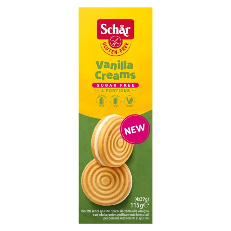 Schar Sugar Free Vanilla Creams biscotti senza zucchero, senza glutine e vegani 115g Schar Sugar Free Vanilla Creams biscotti senza zucchero, senza glutine e vegani 115g