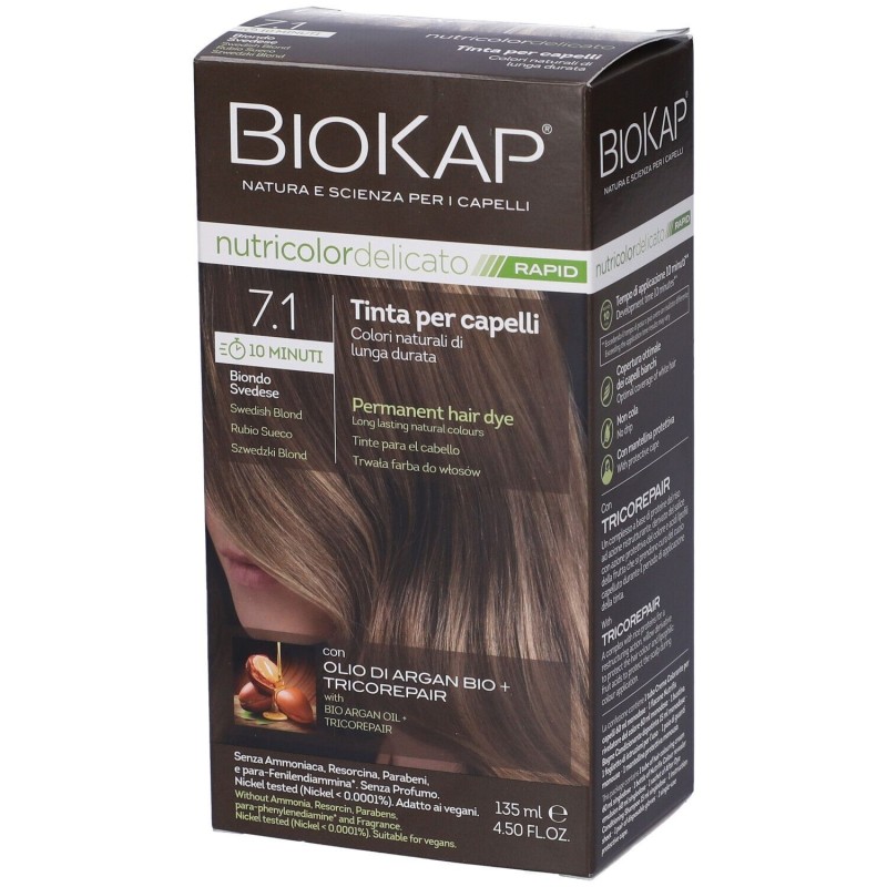 Biokap Nutricolor Delicato Rapid 7.1 Biondo Svedese per Copertura Capelli Bianchi 135 ml Biokap Nutricolor Delicato Rapid 7.1 Biondo Svedese per Copertura Capelli Bianchi 135 ml