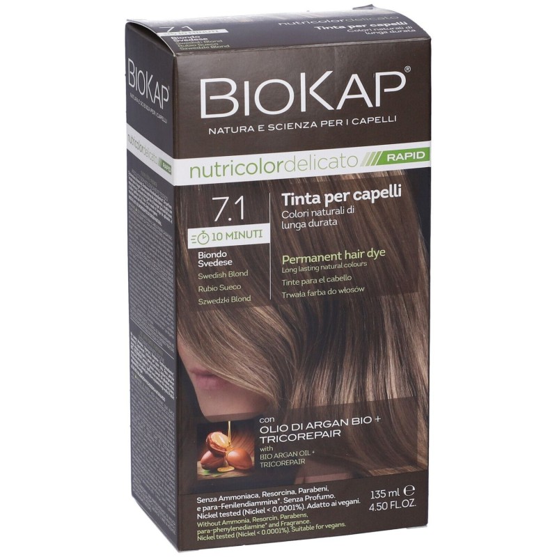 Biokap Nutricolor Delicato Rapid 7.1 Biondo Svedese per Copertura Capelli Bianchi 135 ml Biokap Nutricolor Delicato Rapid 7.1 Biondo Svedese per Copertura Capelli Bianchi 135 ml