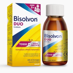 confezione di Bisolvon Duo Sciroppo per Tosse e Gola Irritata 100ml confezione di Bisolvon Duo Sciroppo per Tosse e Gola Irritata 100ml