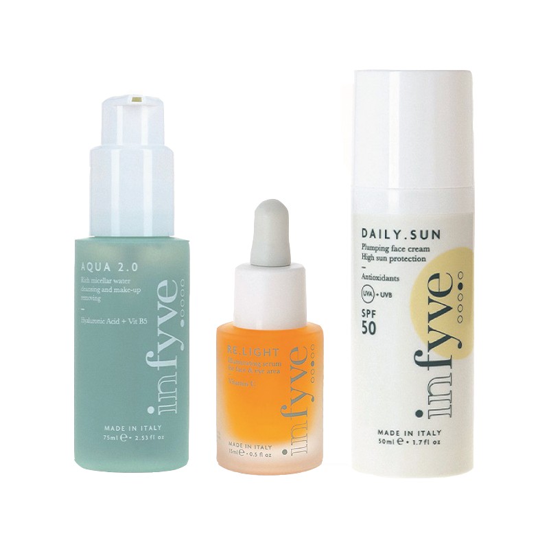 Infyve Beauty Travel Set 3 Step routine viso completa per pelle luminosa e protetta travel size