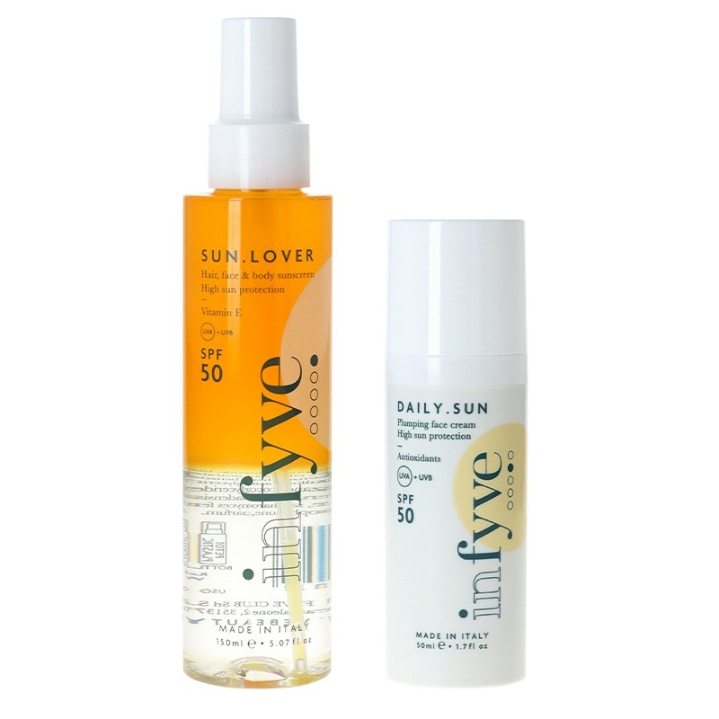 Infyve Beauty Summer Set protezione solare completa viso corpo capelli crema 50ml + spray 150ml Infyve Beauty Summer Set protezione solare completa viso corpo capelli crema 50ml + spray 150ml