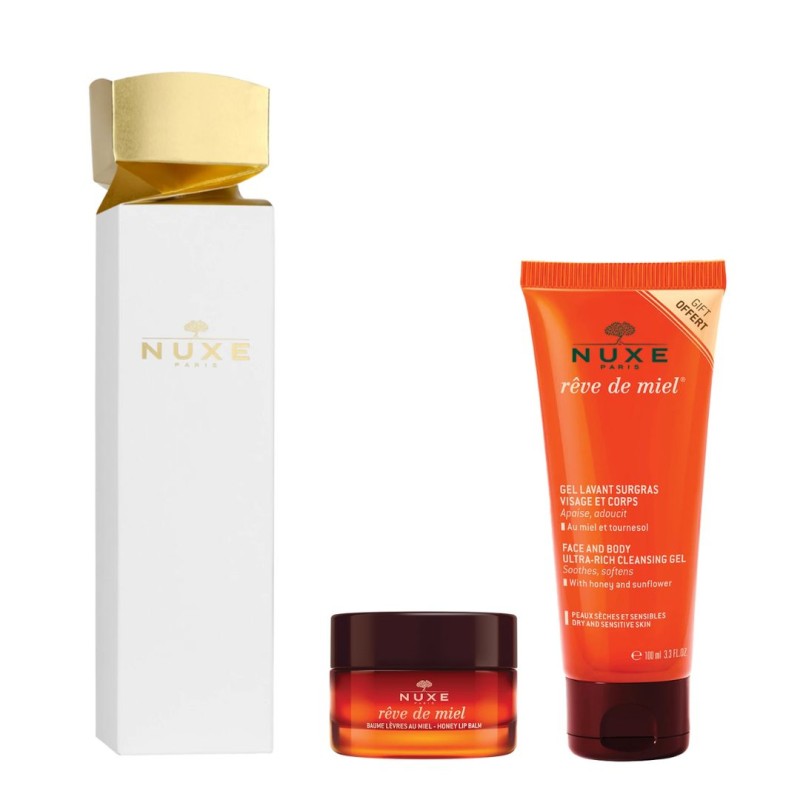 confezione Nuxe Cracker Rêve De Miel Balsamo Labbra e Gel Doccia Set Regalo per Nutrimento e Idratazione 15g+100ml